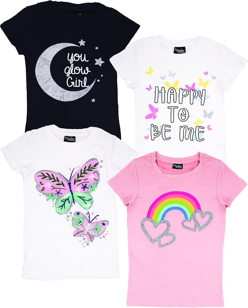 MISS POPULAR Girls 4-Pack Super Soft Short Sleeve T-Shirts Rainbow Butterfly Glitter Print Cute Design| Sizes 7-16