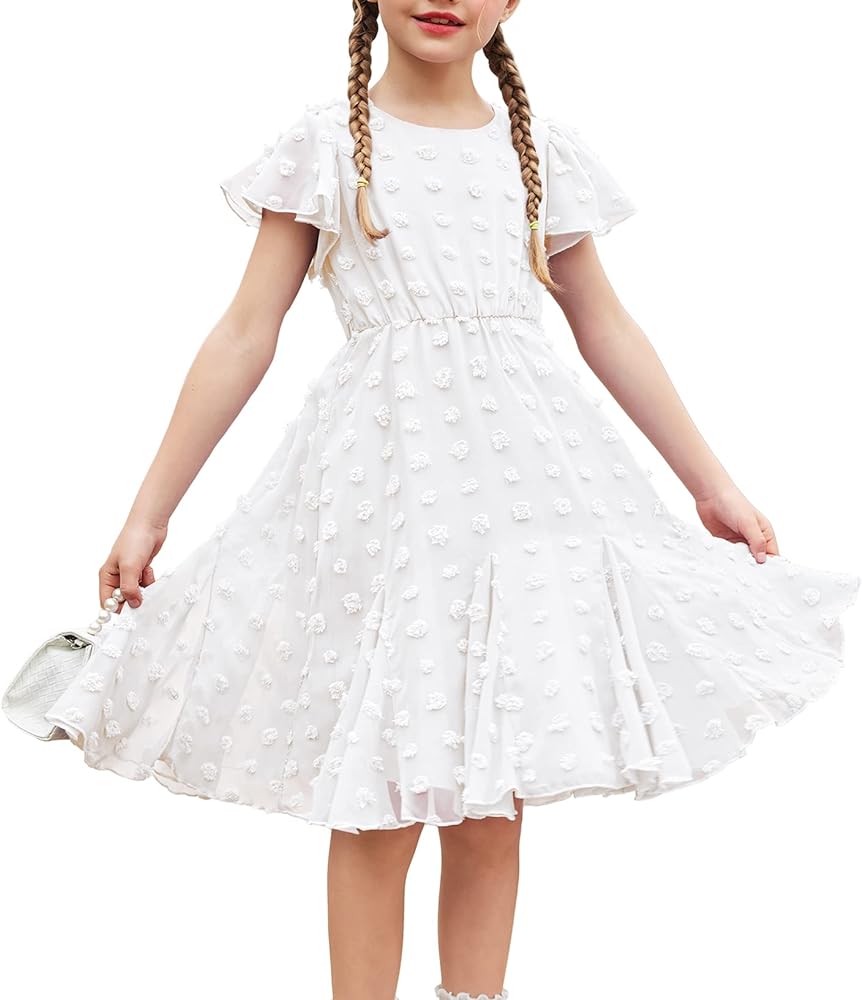 Arshiner Girls Girly Dress Swiss Dot Ruffle Short Sleeve Twirly Cute Dresses for 5-12 Years Old