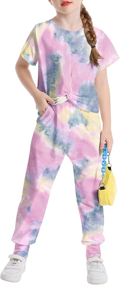 LecGee Kids Girls Tie Dye 2 Piece Sets Shortsleeve Twist Front Tops & Sweatpants Outfits Sweatsuits Tracksuits 4-13 Year