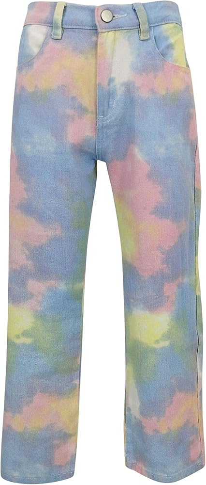 Girls Rainbow Colourful Pastel Tie-Dye Jeans Denim Kids Teen Summer Outfit Gift