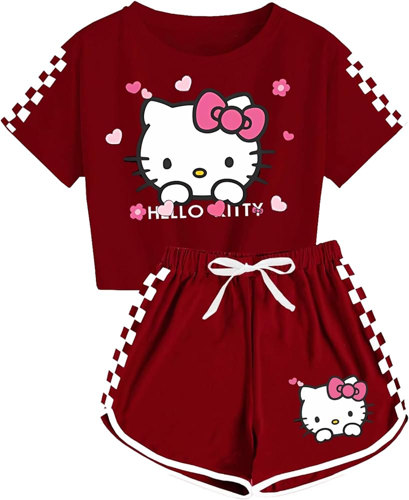 Girls T-shirt Shorts Set Kids Cartoon Short-sleeved Shorts 2-Piece Sets Plaid Print Summer Tracksuit