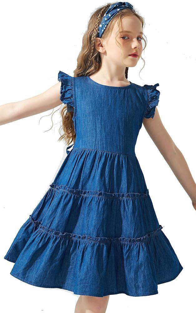 J.E Sterguard Girls Dresses Flutter Sleeve A-Line Ruffle Casual Dresses Sundress, Fit Party Dresses for Girls