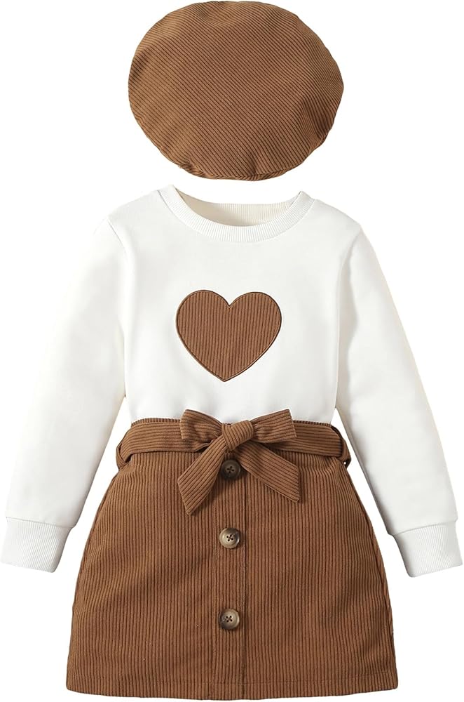 OYOANGLE Girl's 2 Piece Printed Long Sleeve Round Neck Sweatshirt and Corduroy Button Front Belted Short Skirt Set