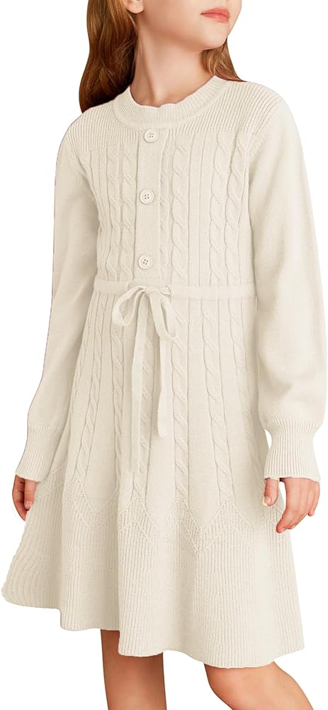 GRACE KARIN Girls Sweater Dress Fall Winter Long Sleeve Kids Fashion Drawstring Waist Cable Knit Dresses Size 5-12