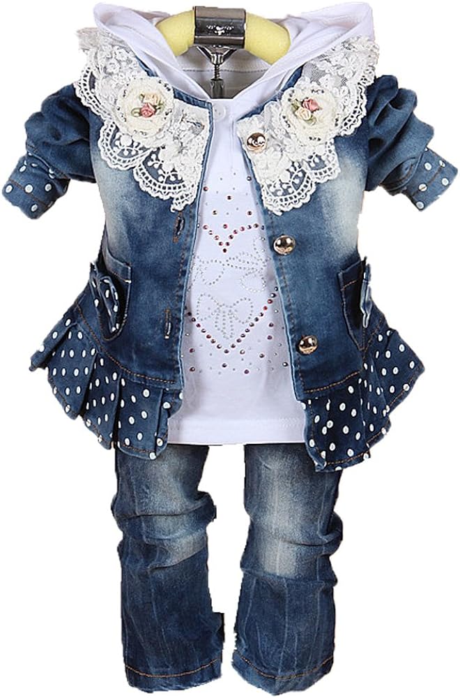 Yao 6M-4Y Infant 3Pcs Baby Girls Clothes Set Toddler Casual Outfits Lace Dress Jacket and Jeans