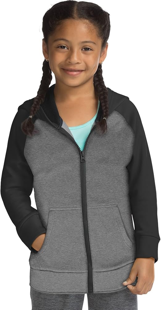 Hanes Big Girl's Tech Fleece Raglan Zip Hood Sweater, Stealth Heather, Small