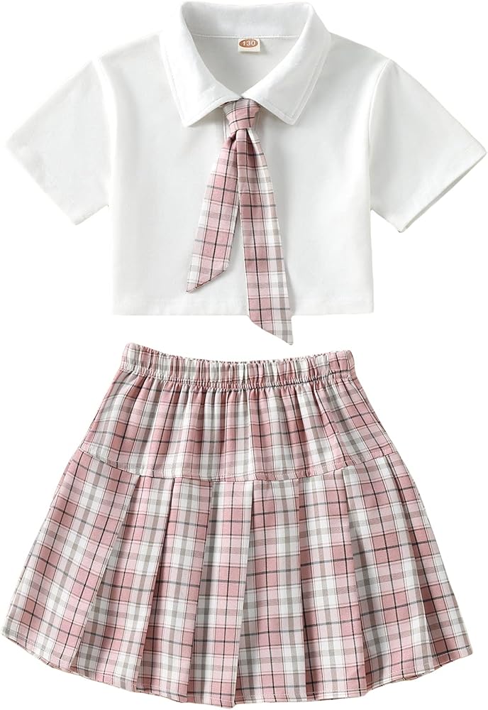 Milumia Girl's Two Piece Outfits Short Sleeve Polo Shirt and Plaid Pleated Skirt Set Pink and White 10 Years