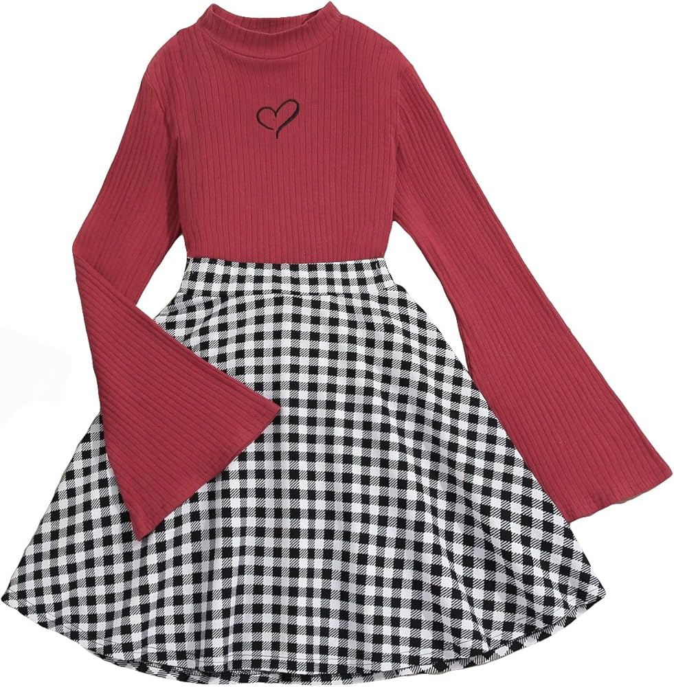 SOLY HUX Girl's 2 Piece Outfits Heart Print Long Sleeve Tee and Plaid Skirt Set