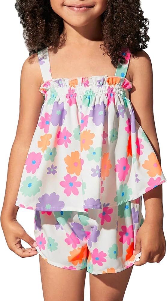 OYOANGLE Toddler Girl's 2 Piece Outfit Floral Print Wide Straps Sleeveless Flared Hem Tank Top and Shorts Set