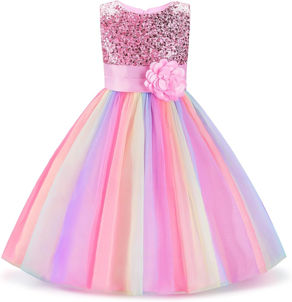 Uhnice Little Girl's Sequin Sleeveless Mesh Rainbow Dress for Wedding Party