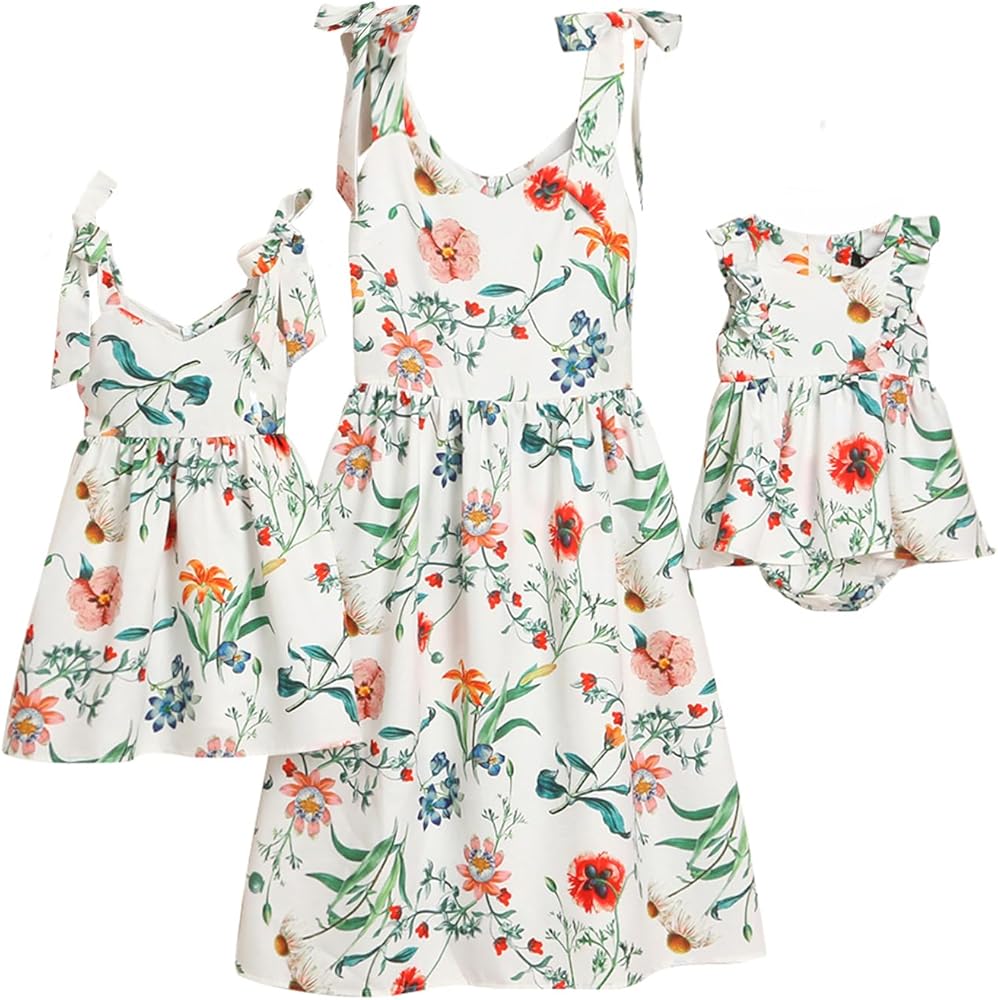 PopReal Mommy and Me Floral Printed Dresses Shoulder Straps Bowknot Chiffon Sleeveless Matching Outfits