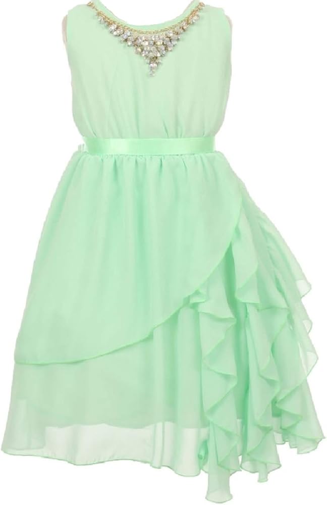 Little Girls Round Neck Chiffon Necklace Ruffle Easter Party Flower Girl Dress