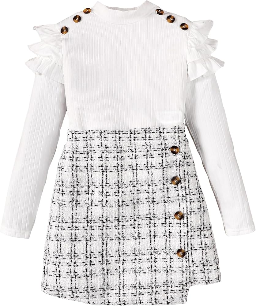 Milumia Girl's 2 Piece Outfits Knit Button Ruffle Trim Long Sleeve Tee and Plaid Skirt Set White 8 Years