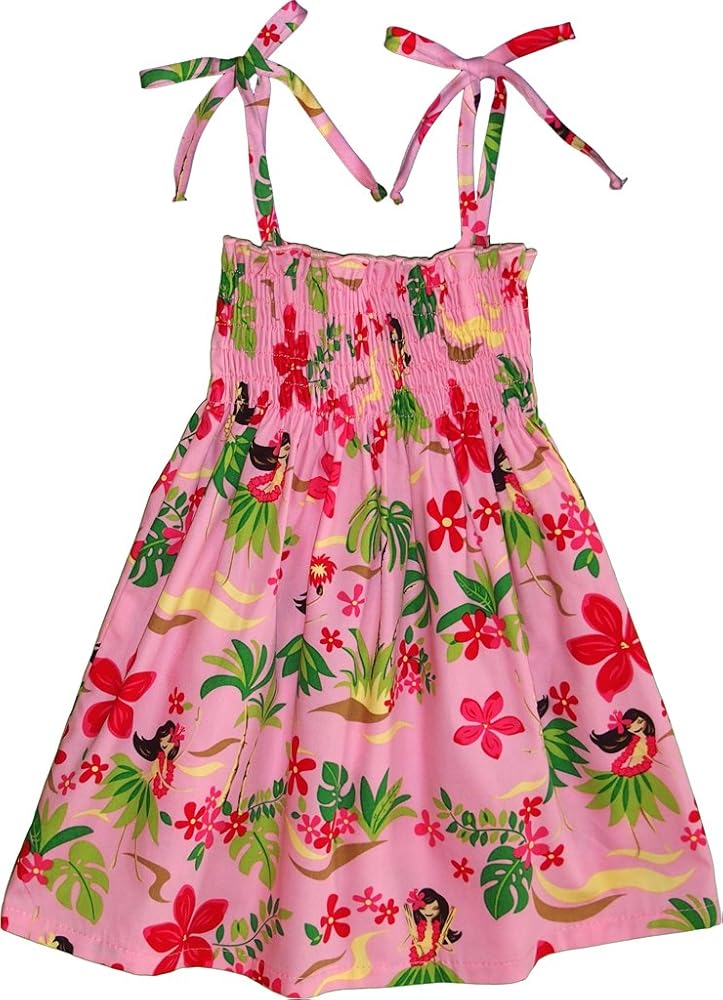 Smocked Sundress - Hula Girl Fun Spaghetti Strap Hawaiian Aloha Elastic Tube Top Sun Dress in Pink - 10