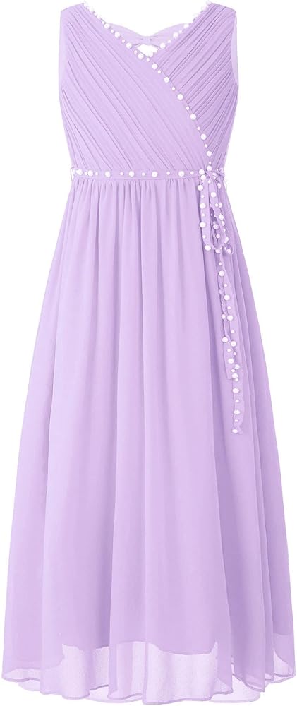 Kids Flower Girl Dress V-Neck Beaded Chiffon Sleeveless Bridesmaid Wedding Party Formal Evening Gown