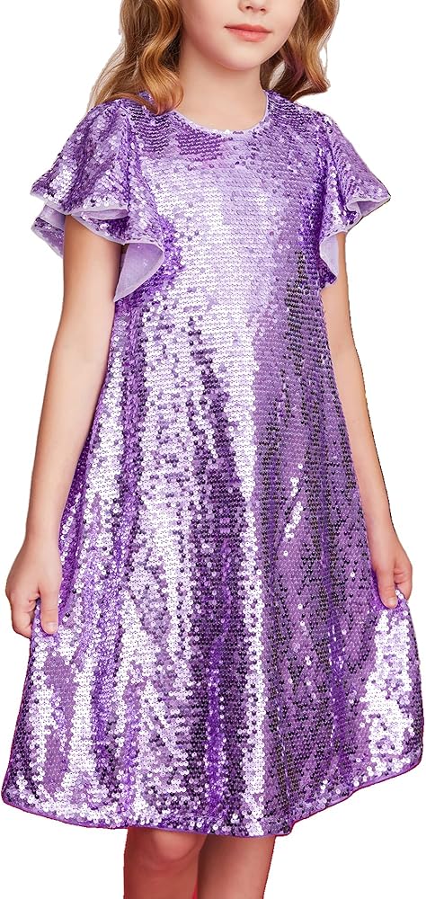 GRACE KARIN Girls Flutter Sleeve Sequin Dresses Kids Crew Neck Sparkly Fancy Formal Party Dress with Hairbow 5-12 Years