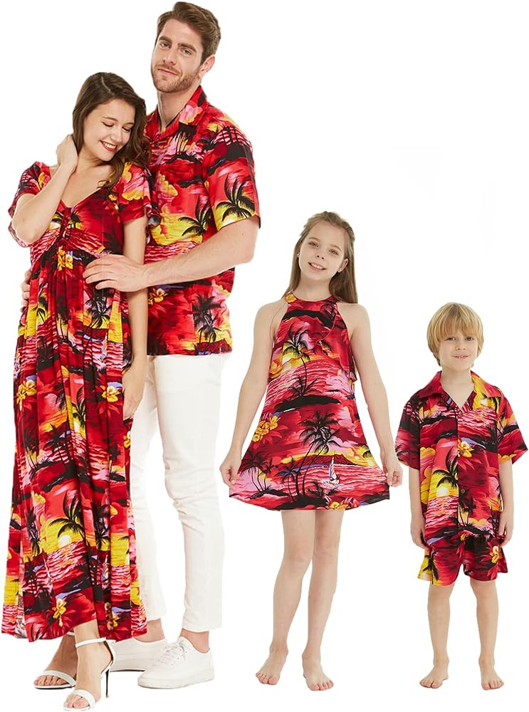 Matchable Family Hawaiian Luau Men Women Girl Boy Clothes in Sunset Red