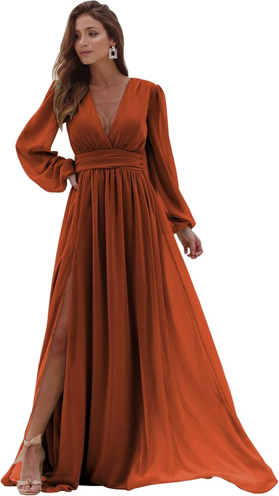 Women's Long Sleeve Bridesmaid Dresses with Slit Long Pleated Formal Evening Party Gown