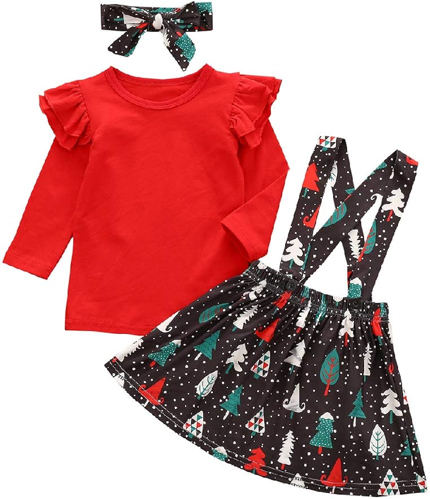 Quenny Christmas New red Blouse and Printed Suspender Skirt Three-Piece Children's Suit with Headband.