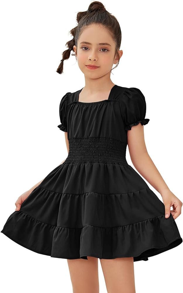 Jxstar Girls Smocked Waist Dress Square Neck Short Bubble Sleeve Ruffle Summer Dress