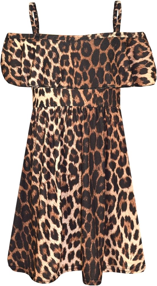 Girls Skater Dress Kids Leopard Print Summer Party Off Shoulder Dresses 7-13 Yr