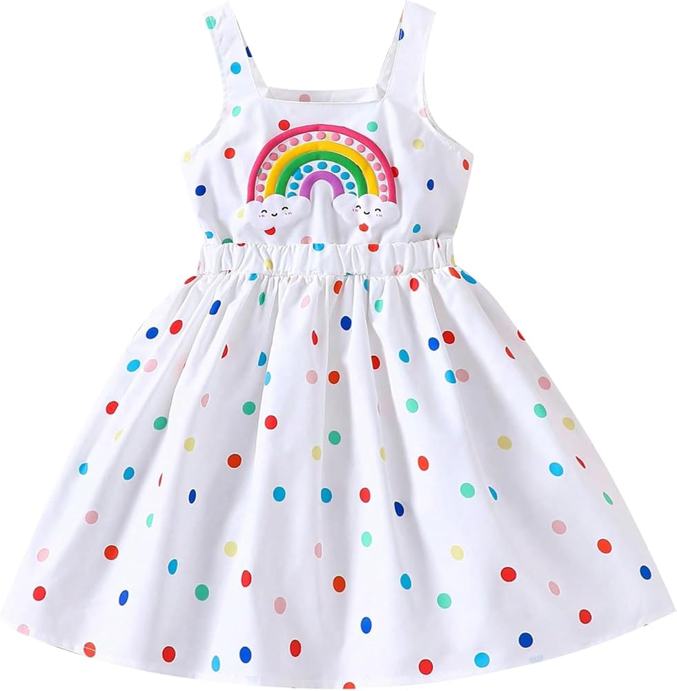 Girl's Sleeveless Colorful Polka Dots Short Dress Rainbow Print Square Neck Mini Summer Dress