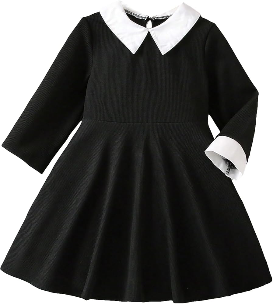 OYOANGLE Girl's Colorblock Rib Knit Long Sleeve Collared Neck Flowy High Waist A Line Short Dress