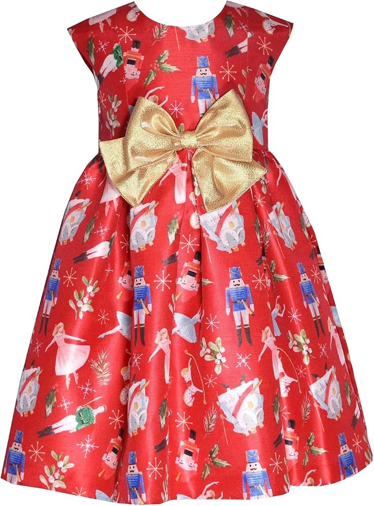 Bonnie Jean Girls 2T-16 Red Shantung Gold Bow Nutcracker Holiday Dress