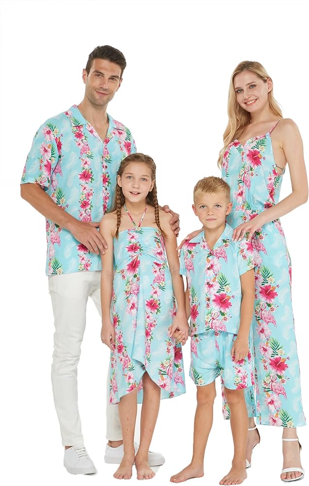 Matchable Family Hawaiian Luau Men Women Girl Boy Clothes in Pink Hibiscus Vine Turquoise