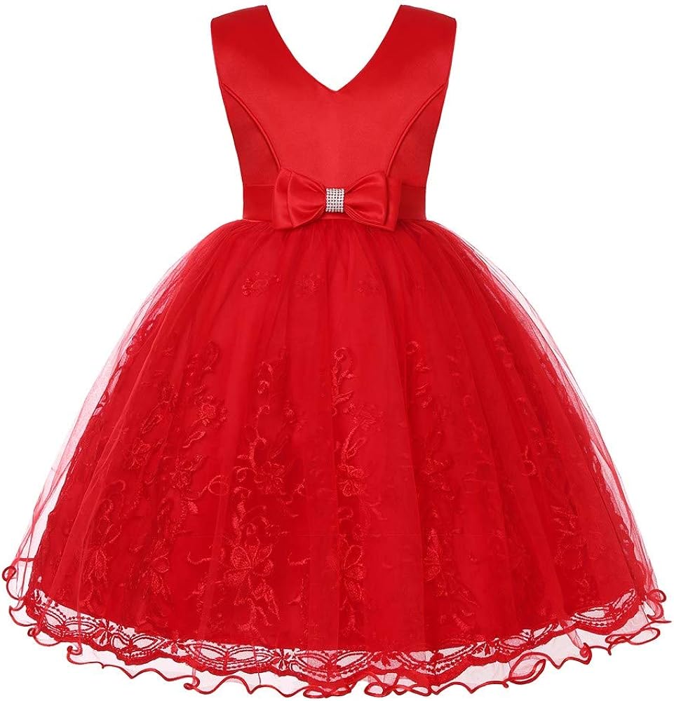 Toddler Girl Dresses V Neck Satin Flower Girl Dresses for Wedding Birthday Party Red 5-6X