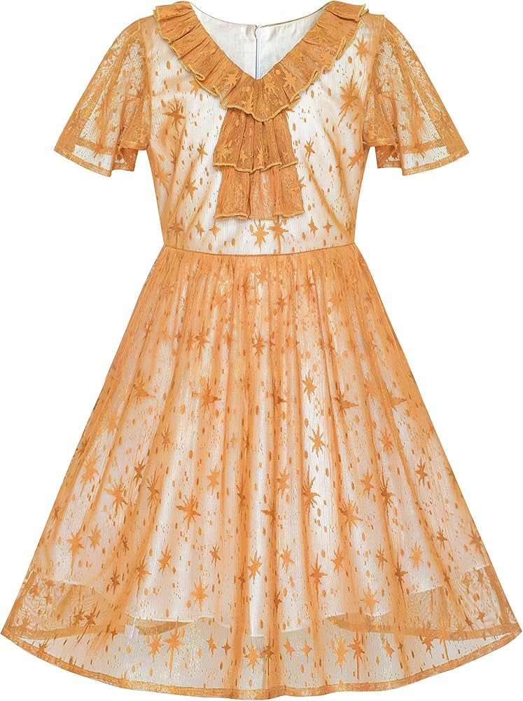 Sunny Fashion Girls Dress Caramel Star Lace Short Sleeve Pleated Collar Dress