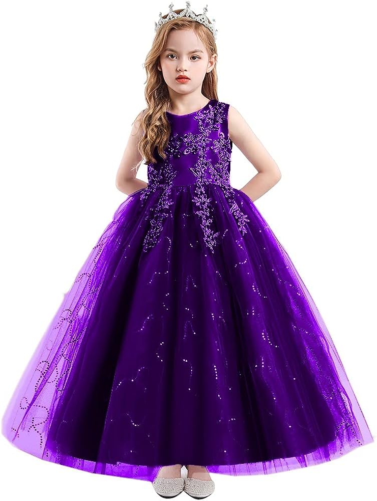 HIHCBF Flower Girls Lace Applique Wedding Sequins Tulle Dress Princess Pageant Communion Birthday Christmas Party Ball Gown