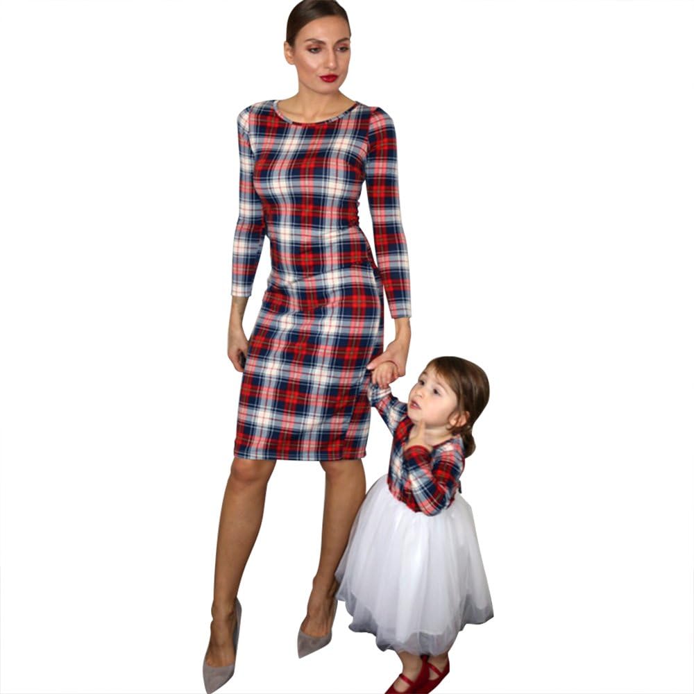 PopReal Mommy and Me Outfits Stretchy Plaid Christmas Dresses Long Sleeve Family Matching Outfits