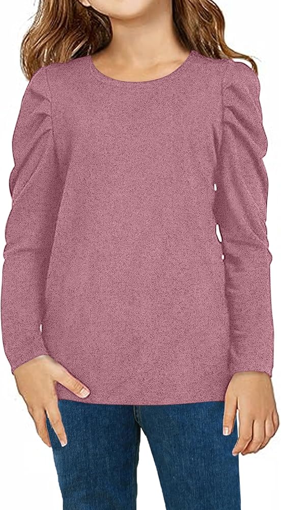 Yekaty Girls Puff Long Sleeve T Shirts Solid Color Crewneck Casual Cute Tops Blouse