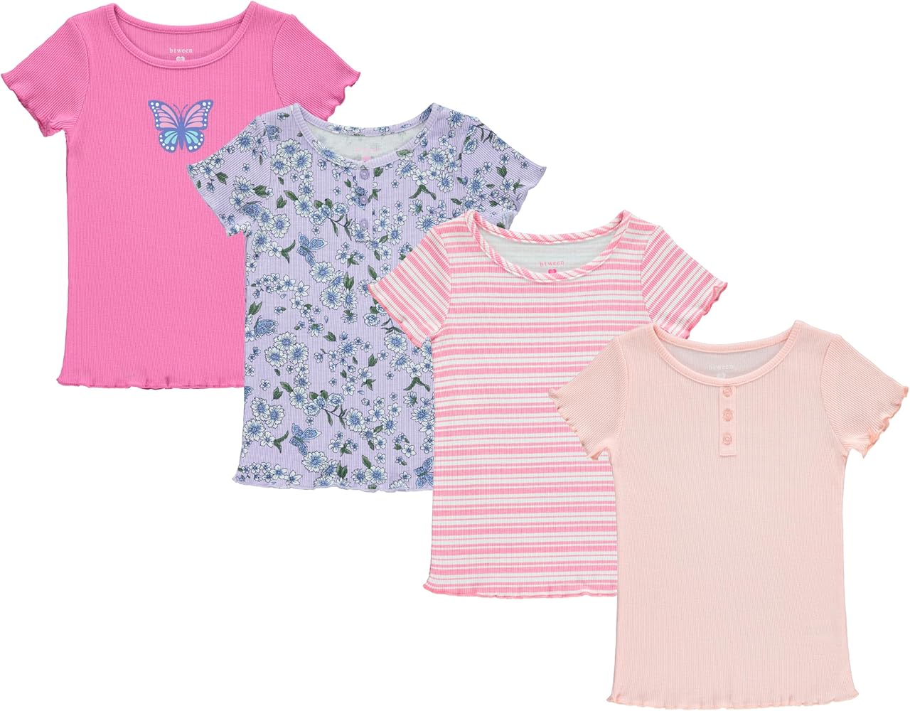 BTween 4-Pack Rib Knit Girls Tops - Short Sleeve Lettuce Trim Ribbed Girl Shirts - Stripe/Floral/Solid