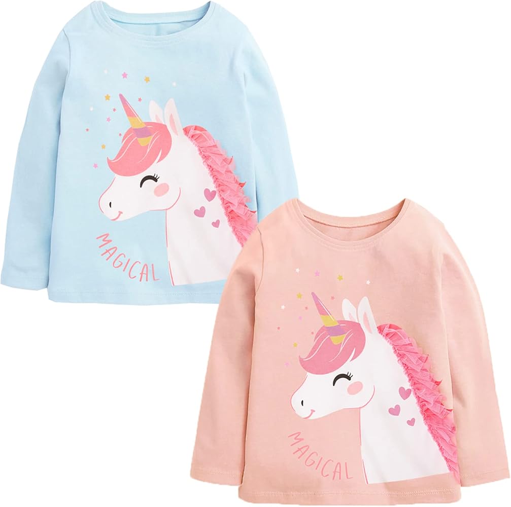 Toddler Girl Long Sleeve T-Shirts Cotton Casual Crewneck Graphic Tops Tees 2-Packs Sets