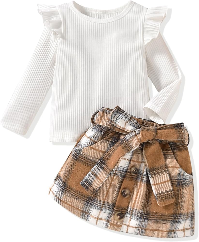 Toddler Girls Skirt Set Long Sleeve Ruffle Shirt and Plaid Skirt Outfit 2 Piece Set