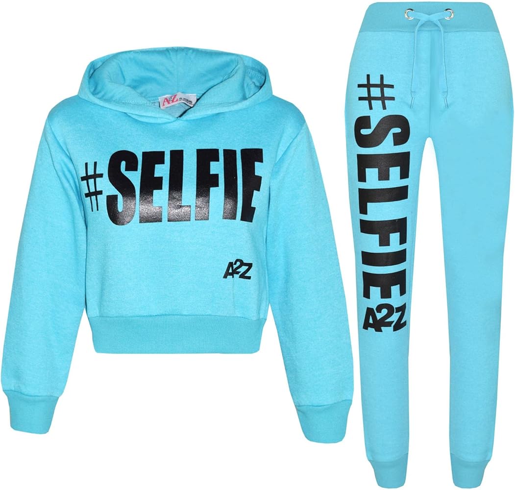 Kids Girls Tracksuit Designer #Selfie Hooded Crop Top & Bottom Jog Suit 5-13 Yr