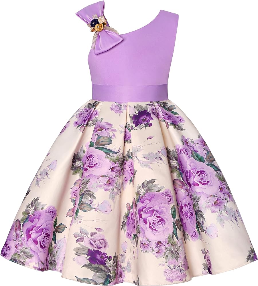 Girls Dress Sloping Shoulder Bridesmaid Wedding Princess Children's Bow Birthday Ball Party Show Evening Lavender