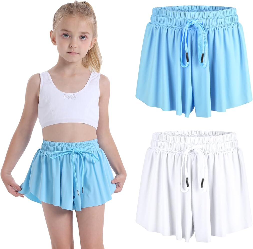 2PCS Girls Flowy Butterfly Shorts 2 in 1 Youth Cute Athletic Shorts with Pockets for Fitness Running Sports Dance