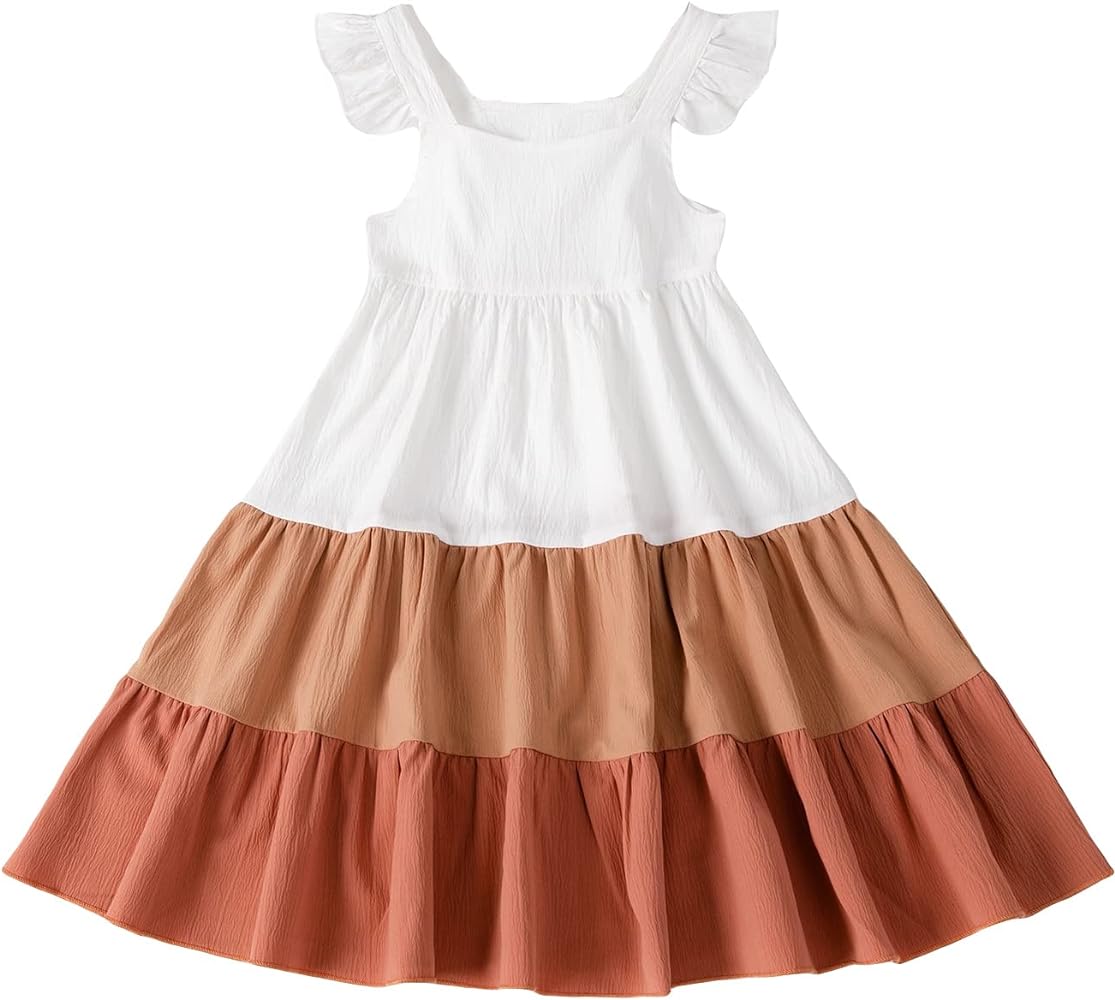 Verdusa Toddler Girl's Colorblock Ruffle Hem A Line Square Neck Sleeveless Mini Dress