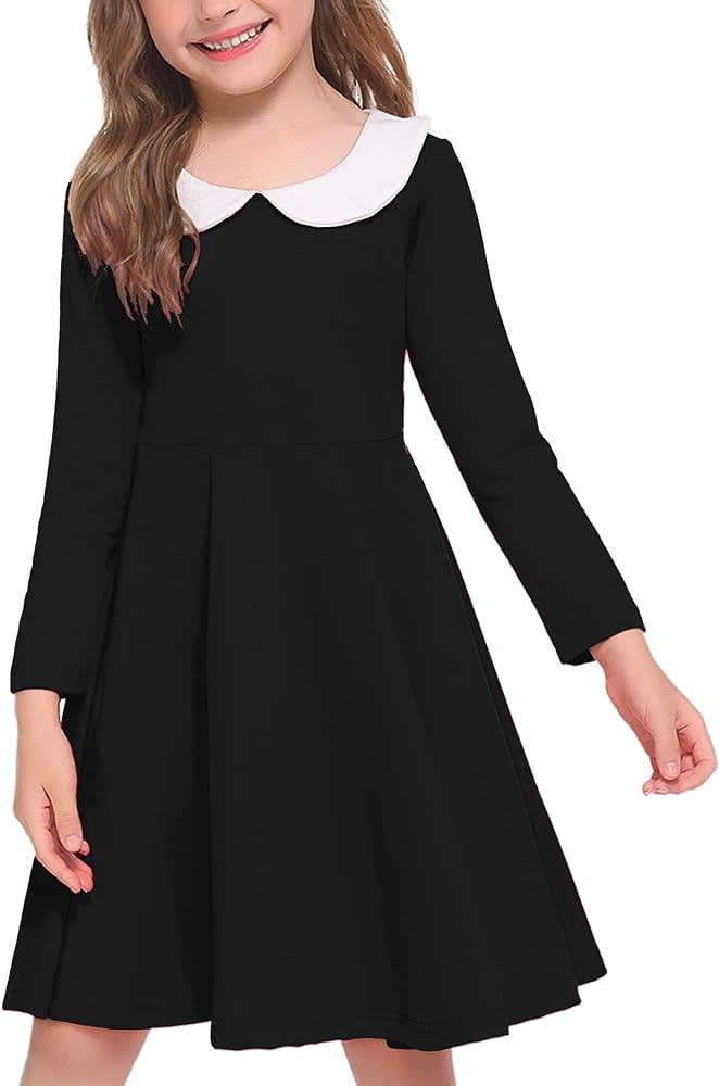 Arshiner Girls Long Sleeve Dress Casual Vintage Peter Pan Collar Swing Party Dress Age 3-14 Years