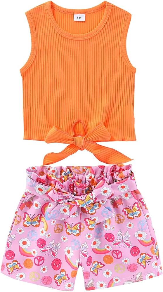 AMMENGBEI Toddler Little Girl Summer Outfits Tie Knot Tank Top Paperbag Waist Shorts Set Kids 2Pcs Clothes