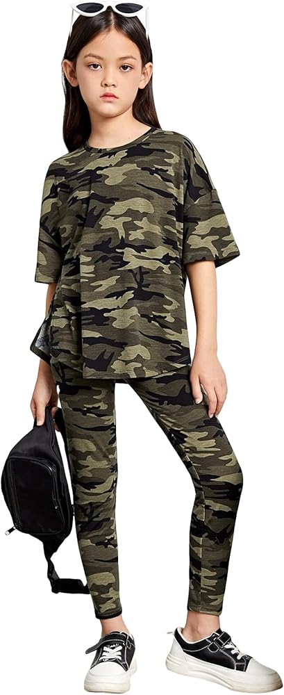 Floerns Girls 2 Piece Outfit Short Sleeve Tee Shirt with Leggings Pants Set