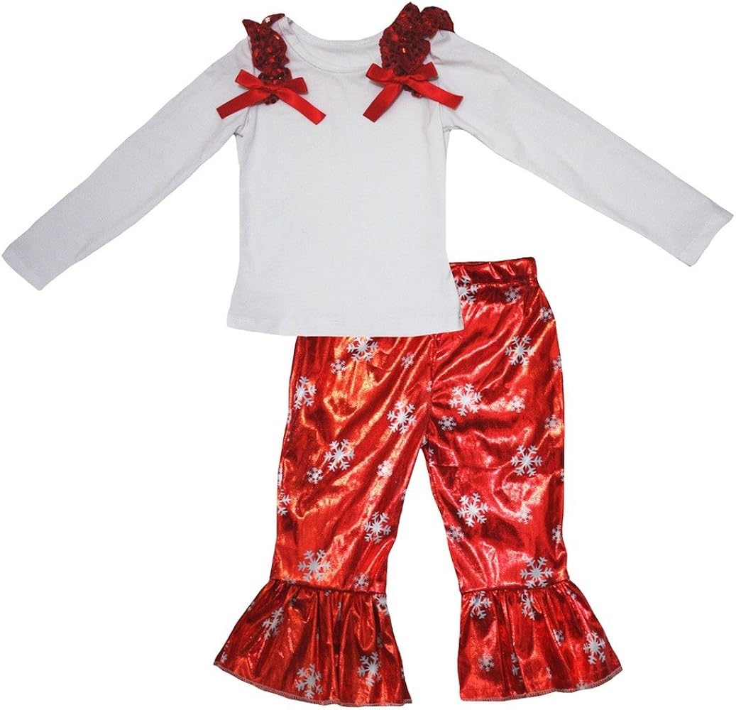 Petitebella White Cotton L/s Shirt Red Snowflakes Pant Set for Girl 1-8y