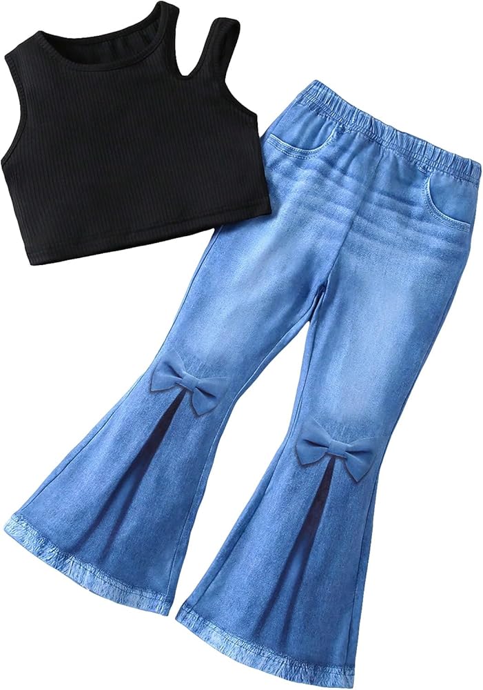 OYOANGLE Girl's 2 Piece Rib Knit Sleeveless Cut Out Crop Tank Top and Bow Front Flared Leg Jeans Pants Set