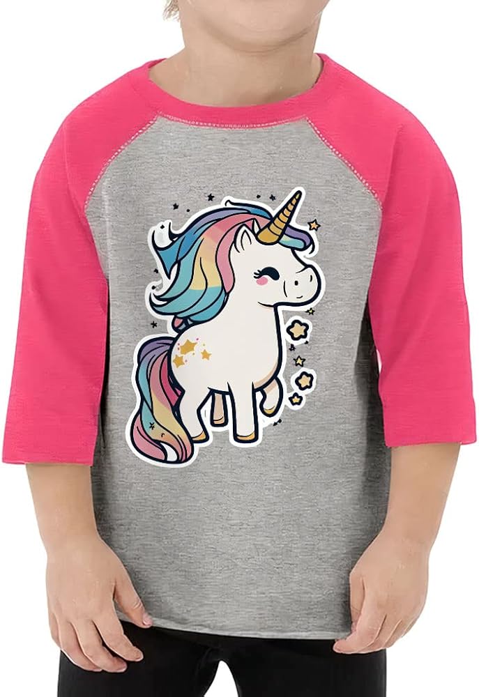 Unicorn Print Toddler Baseball T-Shirt - Funny 3/4 Sleeve T-Shirt - Cute Kids' Baseball Tee