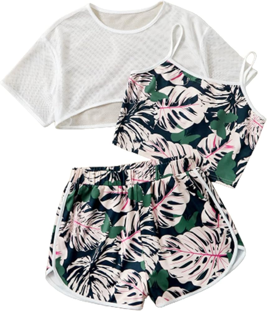 OYOANGLE Girl's 3 Piece Outfits Tropical Print Cami Top and Shorts Set with High Low Crop Tee