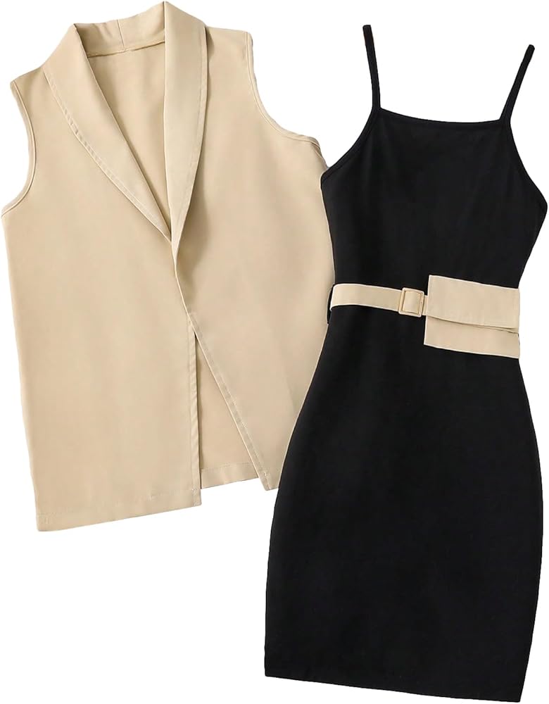 OYOANGLE Girl's 2 Piece Casual Open Front Sleeveless Blazers Vest and Colorblock Cami Dress Set