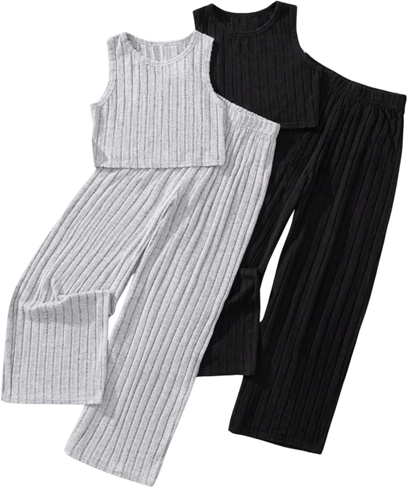 GORGLITTER Girl's Two Piece Outfits Ribbed Knit Round Neck Tank Top and Wide Leg Pants Sets